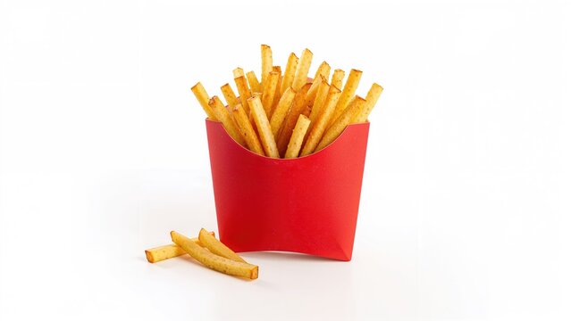 Delicious fried potatoes presented in a red carton, shot up close on a plain white background with empty space.