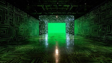 Futuristic tunnel with glowing circuit board pattern.