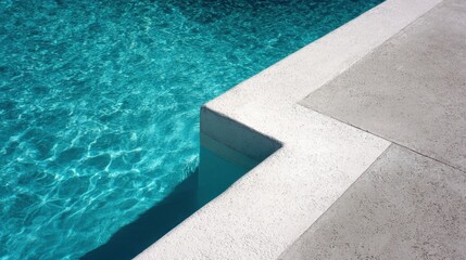 Bright sunlight gleaming across turquoise pool water, bordered by smooth light gray concrete decking, reflecting summer warmth and minimalist landscape design