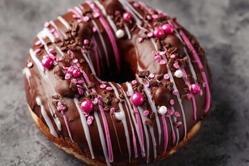 Chocolate glazed donut with pink sprinkles