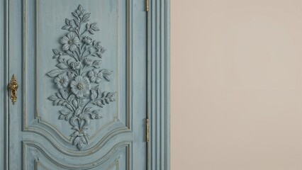 Wooden cabinet decorated with blue paint and intricate flower and leaf designs