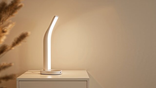 Bedroom lamp next to a card showing energy-saving information