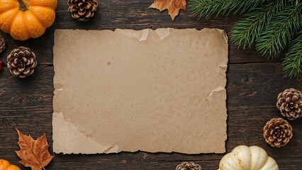 Vintage Torn Paper Style Invitation or Menu for Fall Celebration with Blank Area for Personalized Message, Square Flatlay Photo on Dark Wooden Background with Miniature Pumpkin and Pinecones