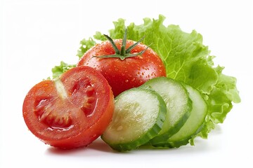 Fresh tomato, cucumber slices, and lettuce on white background
