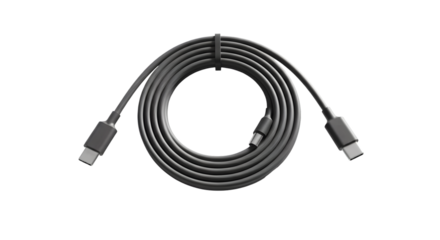 Black usb typec cable coiled and isolated on transparent background