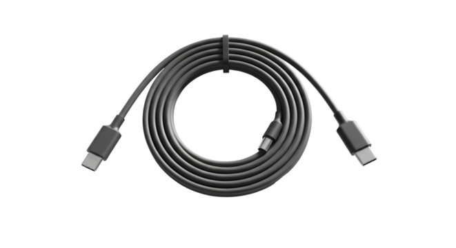 Black usb typec cable coiled and isolated on transparent background