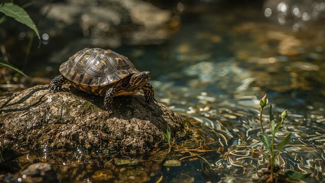 Rock-dwelling turtle with spotted shell soaking up sun