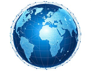 A digital globe, detailed map, interconnected nodes