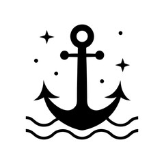 Anchor with waves and stars around on white background nautical and maritime emblem design  