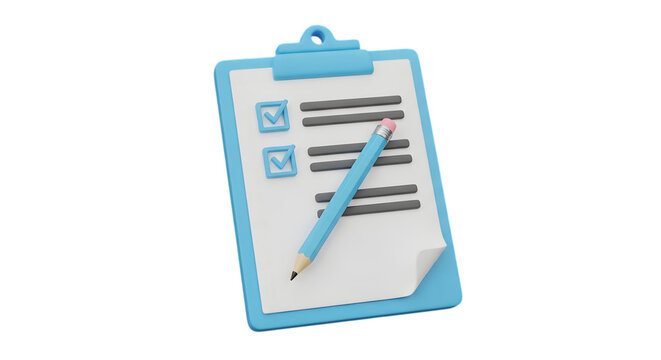 Blue clipboard with checklist and pencil isolated on transparent background