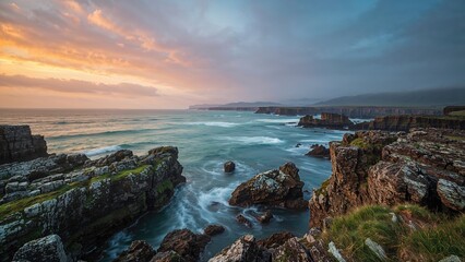 Sunset over rocky ocean landscape with serene water and sky