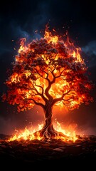 A fiery tree ablaze against a dark night sky, its flames reaching towards the heavens