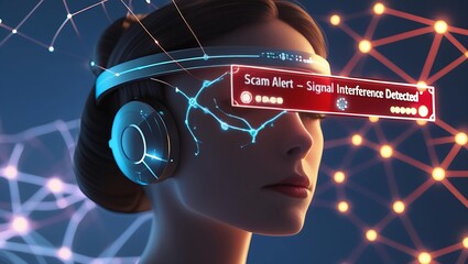 A female figure with futuristic headphones displays a digital scam alert, conveying a high-tech theme and a sense of caution.