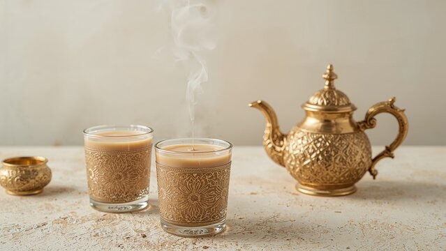 Authentic milk tea presented in glasses alongside a tea pot on a textured table