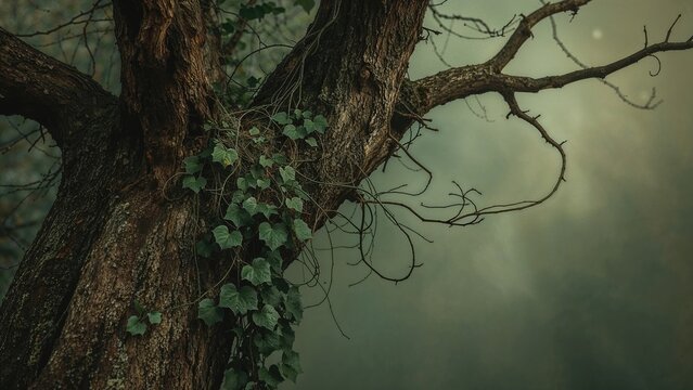 Creeping ivy enveloping a weathered tree trunk