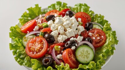 Mediterranean salad featuring feta, ripe tomatoes, crisp cucumber, red onion, lettuce, black olives, and red bell pepper.
