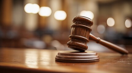 Wooden Gavel on Sound Block in Courtroom with Blurred Background Depicting Legal Authority