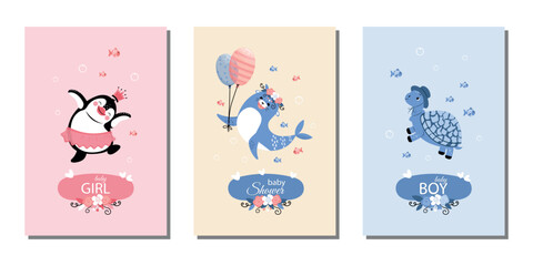 A set of templates for birthday invitations and postcards. Newborn boy and girl. Children's party. Cute vector design with funny seals, penguins, and turtles.