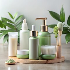 Assortment of organic cosmetic products for skincare and wellness on wooden tray