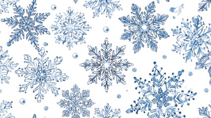 White background covered with seamless watercolor snowflake illustrations, showcasing detailed frozen crystals with tiny beads and swirling elements in a Nordic winter design.