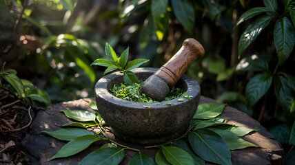 Ayurvedic Preparation with Mortar and Pestle for Holistic Wellness and Natural Medicine Concept in Serene Green Forest Setting