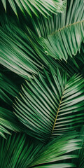 Lush green palm leaves overlapping in dense pattern creating natural texture