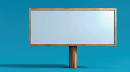 Fototapeta premium Blank Advertisement Billboard with Wooden Frame against Light Blue Background, Ideal for Mockup or Presentation