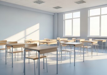 A bright, empty classroom with wooden desks and large windows.