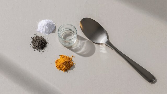Lead and potassium chemicals paired with organic curcuma powder on a watch glass, accompanied by a spatula on a laboratory countertop.