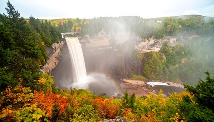 Autumn waterfall, mist, fall foliage