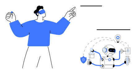 Person wearing virtual reality headset pointing forward, AI robot multitasking with shield, gear, and document icons. Ideal for technology, virtual reality, AI, innovation, human-robot collaboration