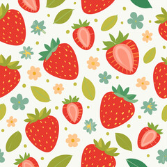 Seamless pattern with ripe strawberries, green leaves, and small flowers. Fresh summer design in flat vector style on a soft pastel background, perfect for textiles and packaging