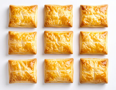 Baked puff pastries arranged on a white surface. AI