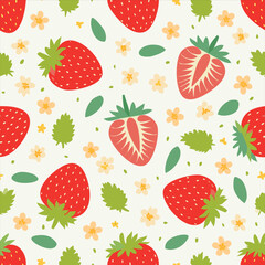 Seamless pattern with ripe strawberries, green leaves, and small flowers. Fresh summer design in flat vector style on a soft pastel background, perfect for textiles and packaging