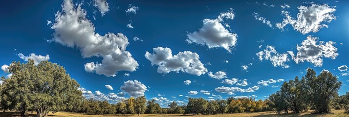 A panoramic view of a sunny autumn landscape with puffy white clouds and green trees