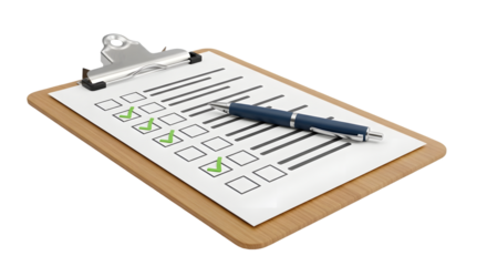 Clipboard with a checklist and pen, showing completed tasks with green checkmarks isolated on transparent background