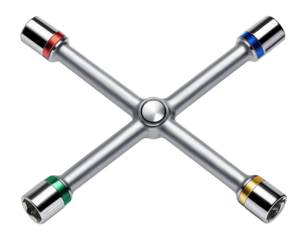 Compact four-arm lug wrench with color-coded ends for easy socket size identification in a roadside emergency kit.