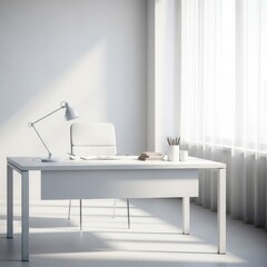 A minimalistic office space with a desk, chair, and lamp, designed for productivity.