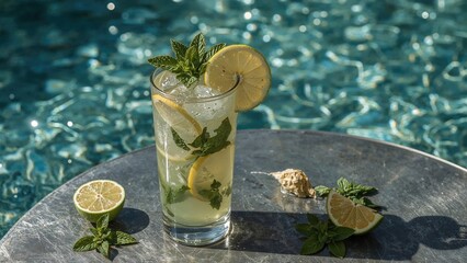 Refreshing mojito cocktail with lemon slices and mint leaves, decorated with dried lemon on a metal surface. A top-tier promotional image ideal for premium ads and editorial content.