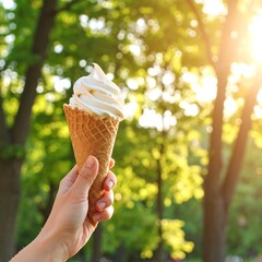 A hand holds a waffle cone filled with soft-serve ice cream outdoors on a sunny day