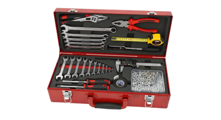 Red metal toolbox filled with various hand tools and equipment, isolated on transparent background