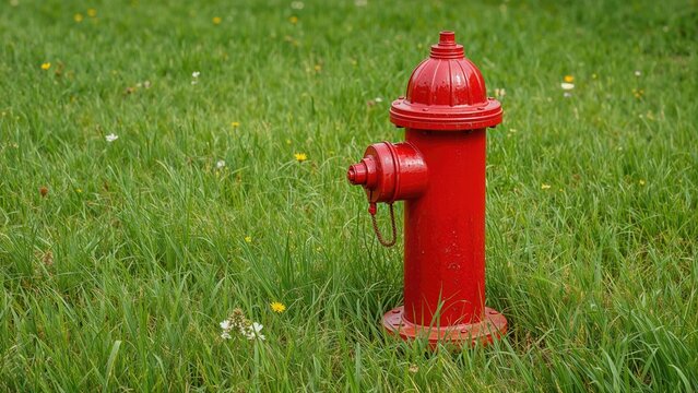 Red-painted fire hydrant positioned among green parkland