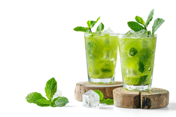 Two Iced Matcha Teas with Mint and Ice Cubes on wooden block on a transparent background