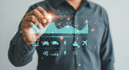 Businessman Analyzing Digital Financial Data Visualization and Business Growth Chart with Futuristic Technology Interface