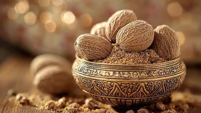 close-up of whole nutmeg and cracked nutmeg pieces in a traditional indian brass spice container video