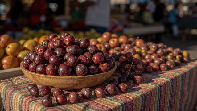 Close-up of a fruit stand displaying jew plums (ambarellas).