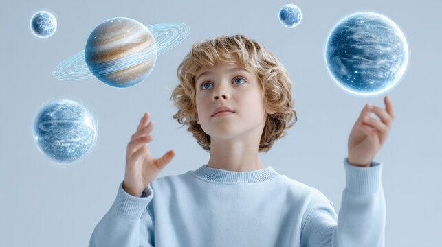 Young boy imagining planets in space with curiosity and wonder