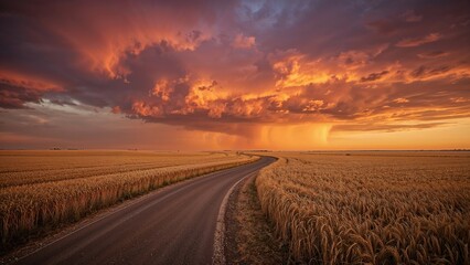 Fototapeta premium Way to the Harvest Field Under the Evening Sky