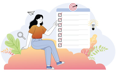 Flat illustration of woman with checklist and target for goal setting