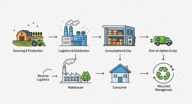 Sustainable supply chain management illustration showing responsible sourcing and production to recycling loop